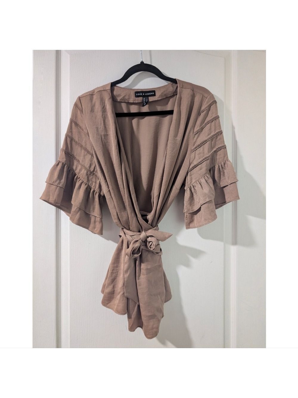 Love & Legend | Taupe Pintuck Ruffle Sleeve Wrap Top